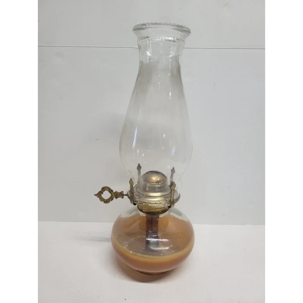 Vintage Amber Glass Oil Lamp with Clear Beaded Chimney 12in‎
